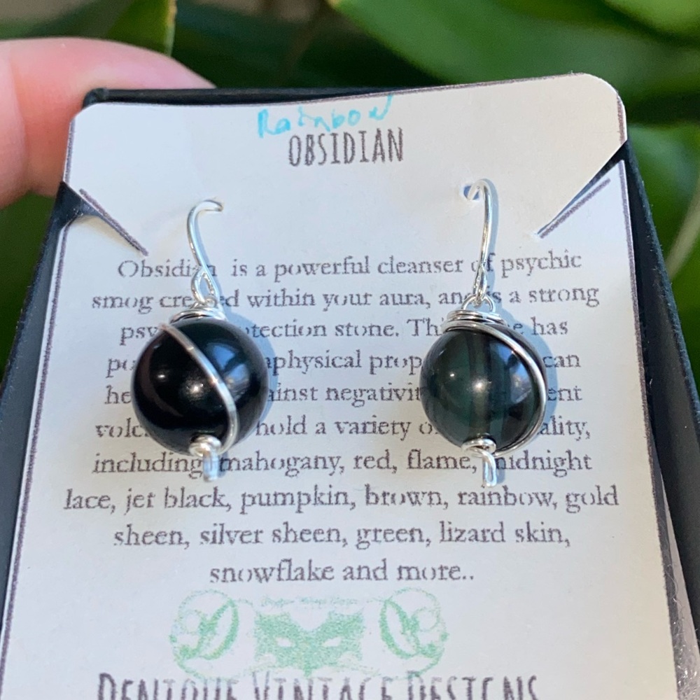 Rainbow Obsidian 10mm Round Dangly Swirl Wire wrapped Drop Dangle earrings.